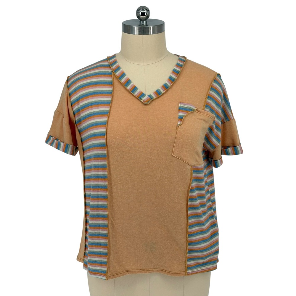 Sugarfox Short Sleeve Top Peach Multi Striped Patchwork Knit 2X